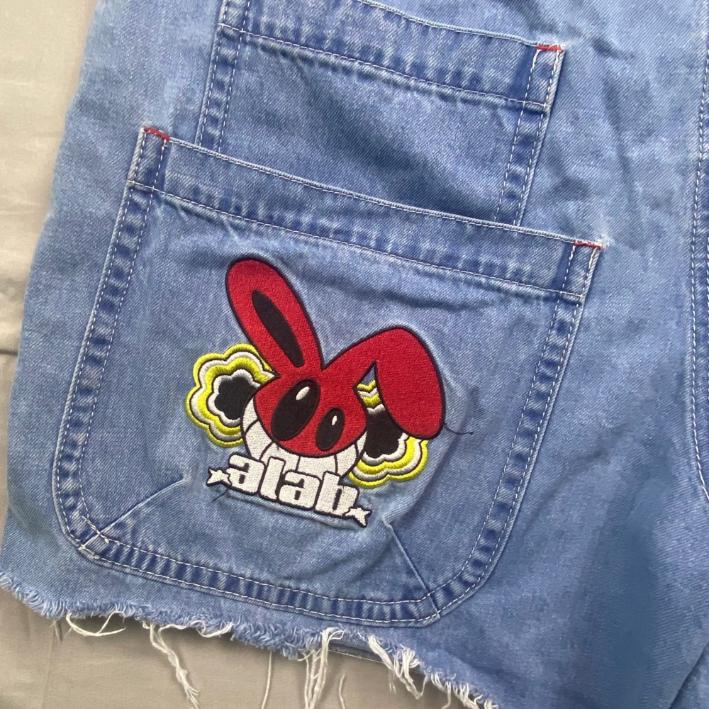 A-Lab Womens Y2K Denim Shorts Size 38 Blue Raw Hem Rave Skater Graphic Patch - Picture 5 of 14